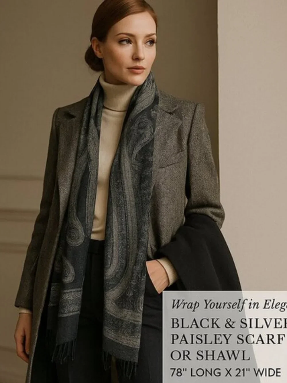 Wrap Yourself in Elegance: Black & Silver Paisley Patterned Scarf/Shawl